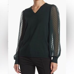 Adrianna Papell Dark Green V-neck Sweater with Sheer Polkadot Sleeves